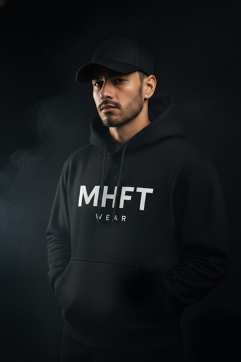 A confident model wearing a dark MHFT hoodie